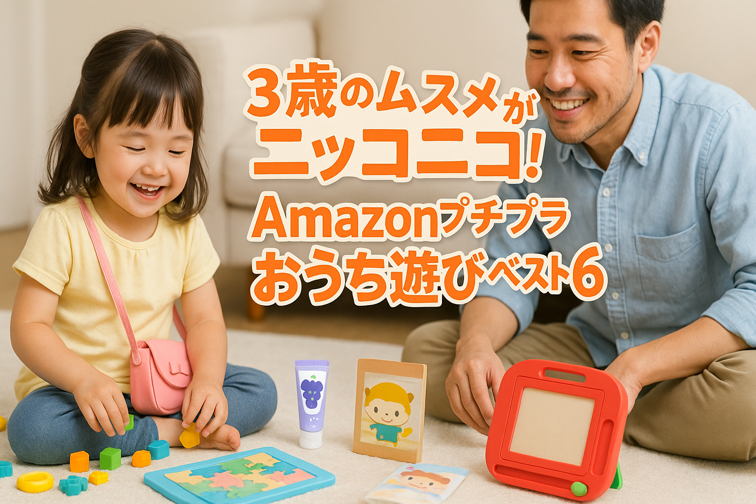 ３歳の女の子がニコニコでパパと遊んでいる
